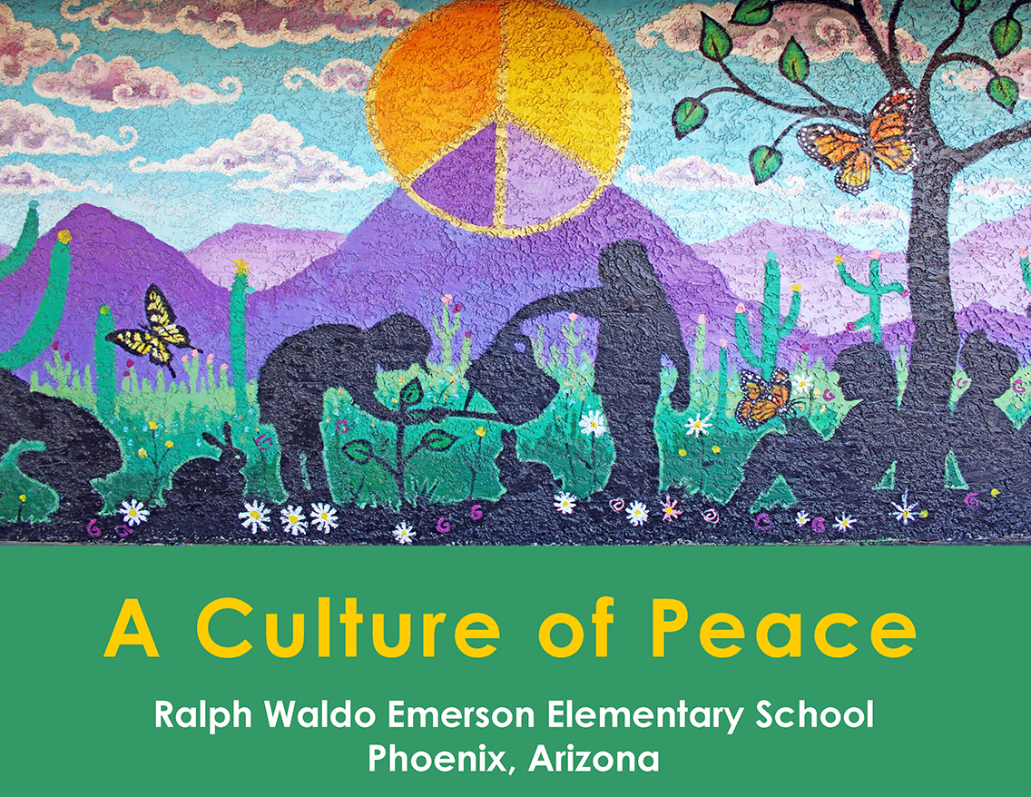 A Culture of Peace Book Cover Emerson Elementary School Mural of Sun as Peace Sign over Phoenix Mountains and plants with people gardening